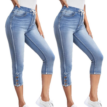 Stretchiga caprijeans för damer med dragsko i midja