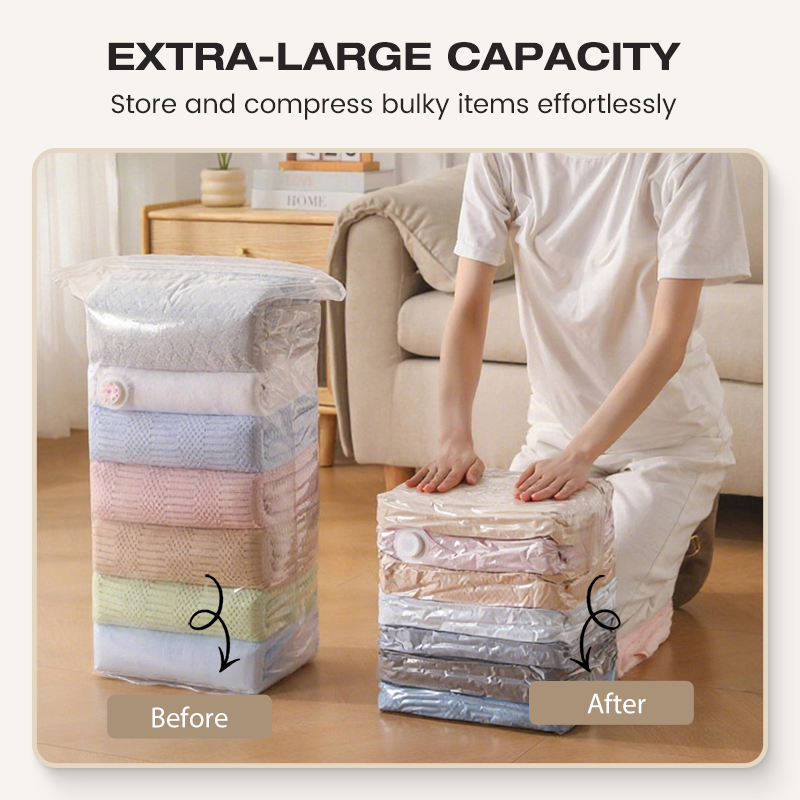🧳 Vakuumposer uten pumpe – Trykk og forsegl, ingen pumpe nødvendig. Sparer 80 % plass, holder klærne tørre og støvfrie. Perfekt for klumpete sengetøy og utstyr utenom sesongen. 🛏️🗄️