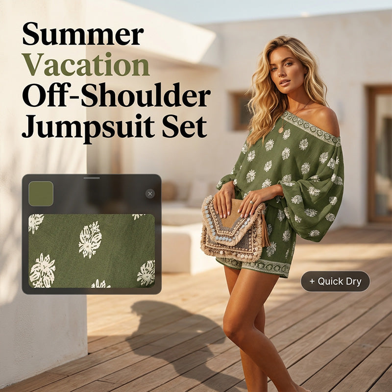 💕Begrenset salg 48 % RABATT💕Bohemsk jumpsuit-sett med skulderløs trykk