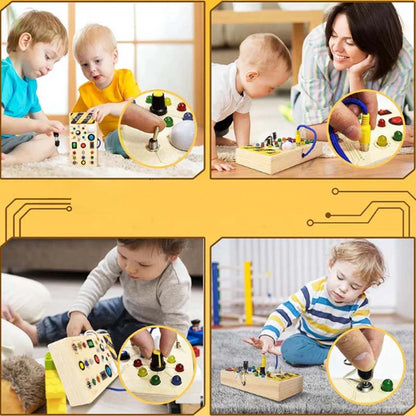 🔆 LED-lys i tre – Sensorisk leke med brytere og knapper, Montessori tidlig læring, beste gave til gutter og jenter fra 1–3 år 🧒