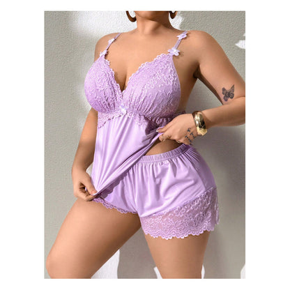 🥳2026 VARMT SALG🥳💞50 000+ SOLGT!👗🌸 48 % RABATT! Pysjamassett med blondekant og shorts – Mykt satenglignende stoff, justerbare stropper og V-hals.