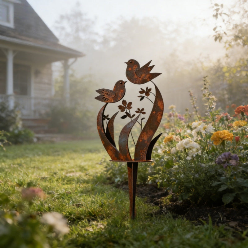 🏡 Rustikk hagepinn i metall – Mønster: Fugler og blomster 🕊️