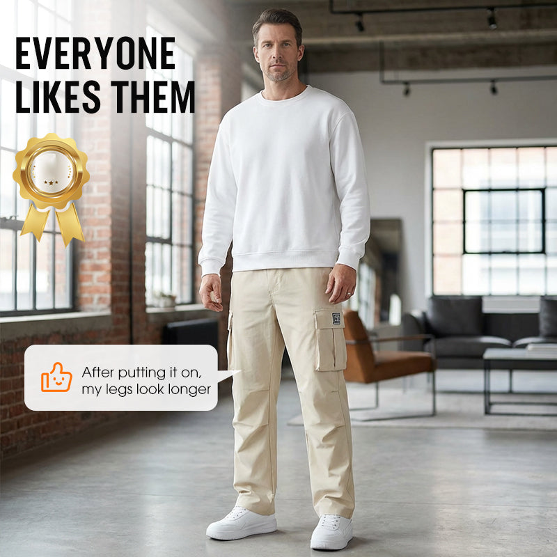 👖 48 % RABATT NÅ! 🛠️ Herre stretchbukser med lommer – Flere lommer og snøring i midjen – Avslappede bukser med rette ben – Ideelle for jobb, reise eller aktive dager 🏃‍♂️