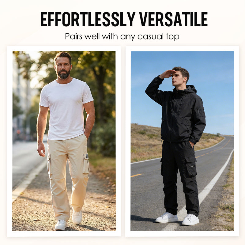 👖 48 % RABATT NÅ! 🛠️ Herre stretchbukser med lommer – Flere lommer og snøring i midjen – Avslappede bukser med rette ben – Ideelle for jobb, reise eller aktive dager 🏃‍♂️