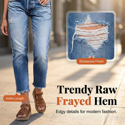 Fasjonable slim-fit slitte jeans til dame