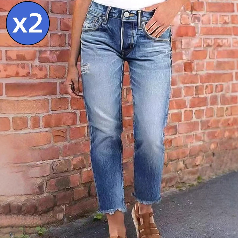 Fasjonable slim-fit slitte jeans til dame