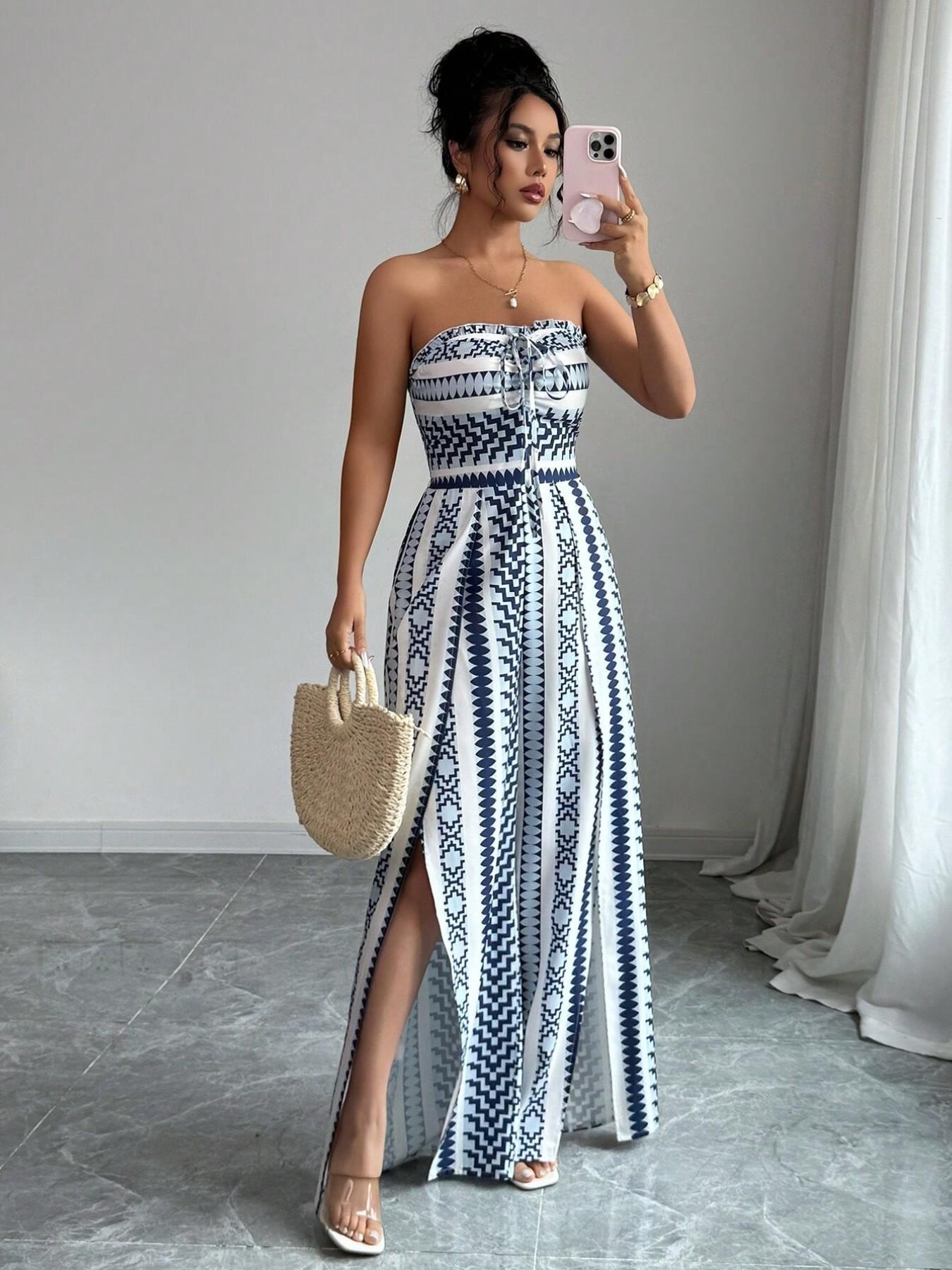 👗💙 Geometrisk jumpsuit med halterneck og sidesliss!