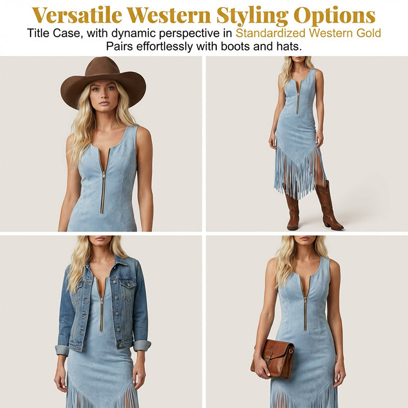 🤠 BEGRENSET TILBUD: 48 % RABATT! ✨ Retro western-kjole uten ermer med frynser – frynser nederst, glidelås foran, cowgirl-stil 🌵