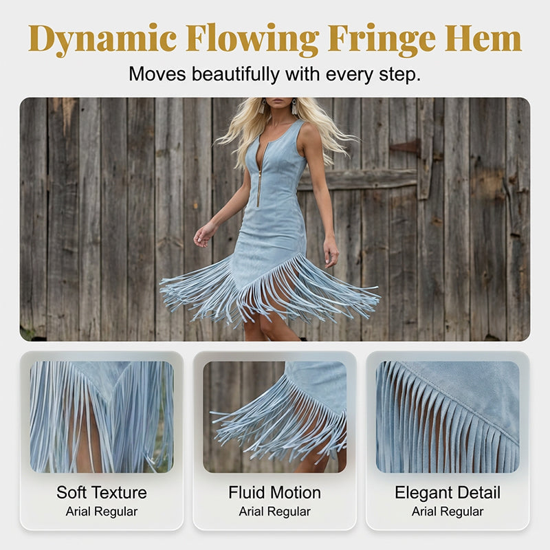 🤠 BEGRENSET TILBUD: 48 % RABATT! ✨ Retro western-kjole uten ermer med frynser – frynser nederst, glidelås foran, cowgirl-stil 🌵