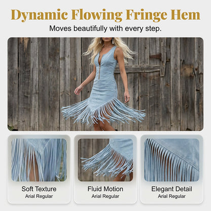 🤠 BEGRENSET TILBUD: 48 % RABATT! ✨ Retro western-kjole uten ermer med frynser – frynser nederst, glidelås foran, cowgirl-stil 🌵