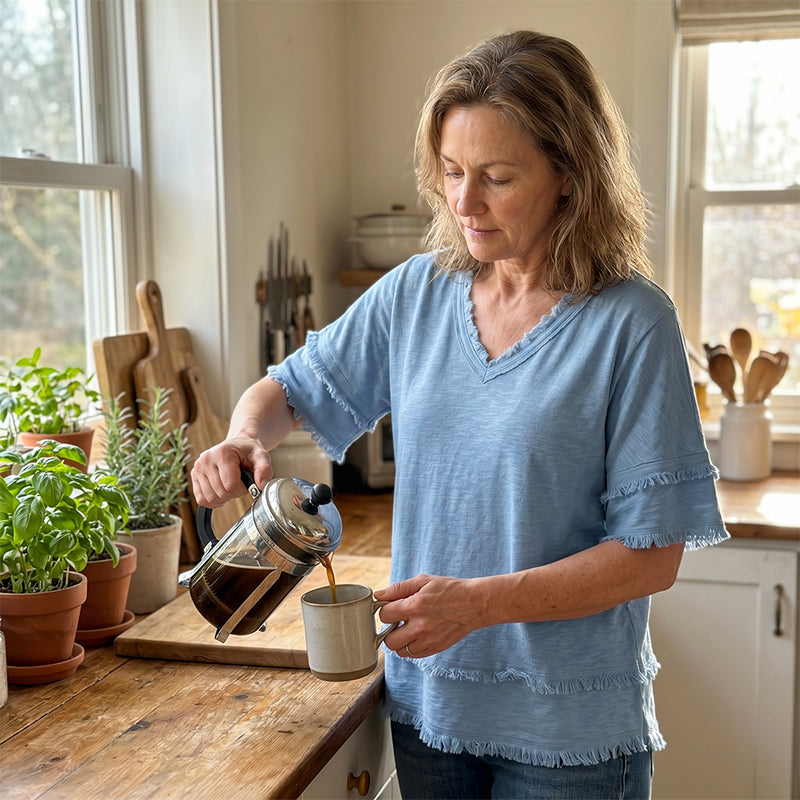 💖Boho-T-skjorte for damer med V-hals og flossete kanter 🌿 – Løstsittende, pustende sommertopp i myk bomull👚