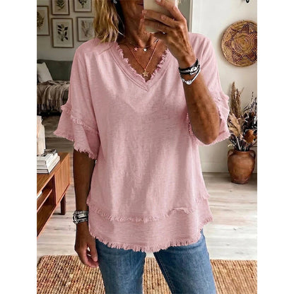 💖Boho-T-skjorte for damer med V-hals og flossete kanter 🌿 – Løstsittende, pustende sommertopp i myk bomull👚