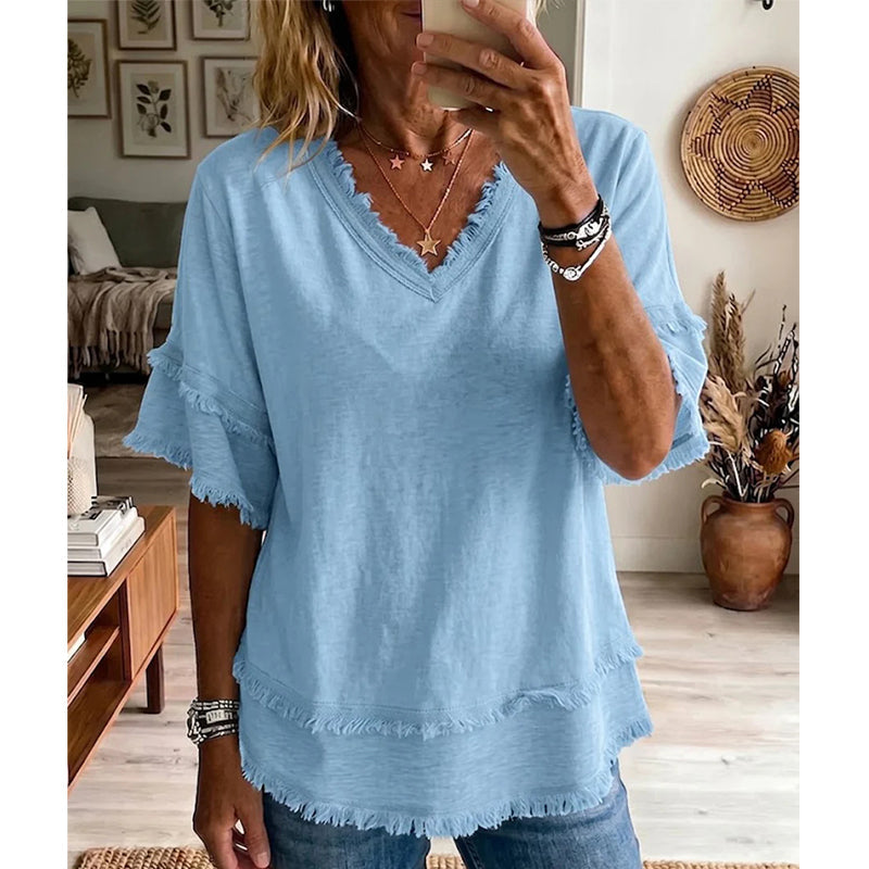 💖Boho-T-skjorte for damer med V-hals og flossete kanter 🌿 – Løstsittende, pustende sommertopp i myk bomull👚