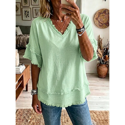 💖Boho-T-skjorte for damer med V-hals og flossete kanter 🌿 – Løstsittende, pustende sommertopp i myk bomull👚