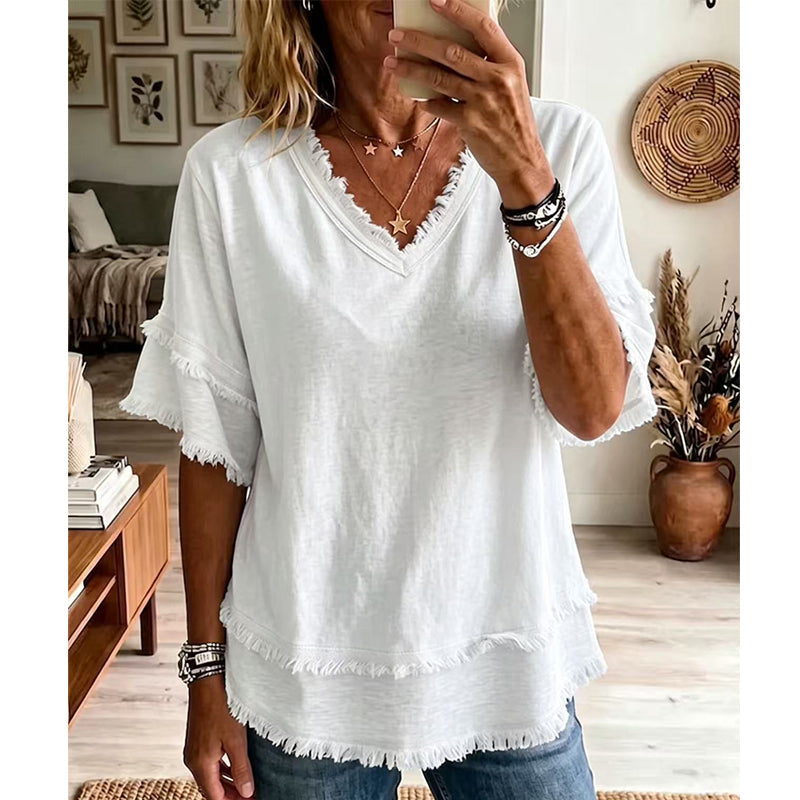 💖Boho-T-skjorte for damer med V-hals og flossete kanter 🌿 – Løstsittende, pustende sommertopp i myk bomull👚