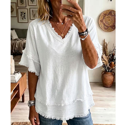 💖Boho-T-skjorte for damer med V-hals og flossete kanter 🌿 – Løstsittende, pustende sommertopp i myk bomull👚