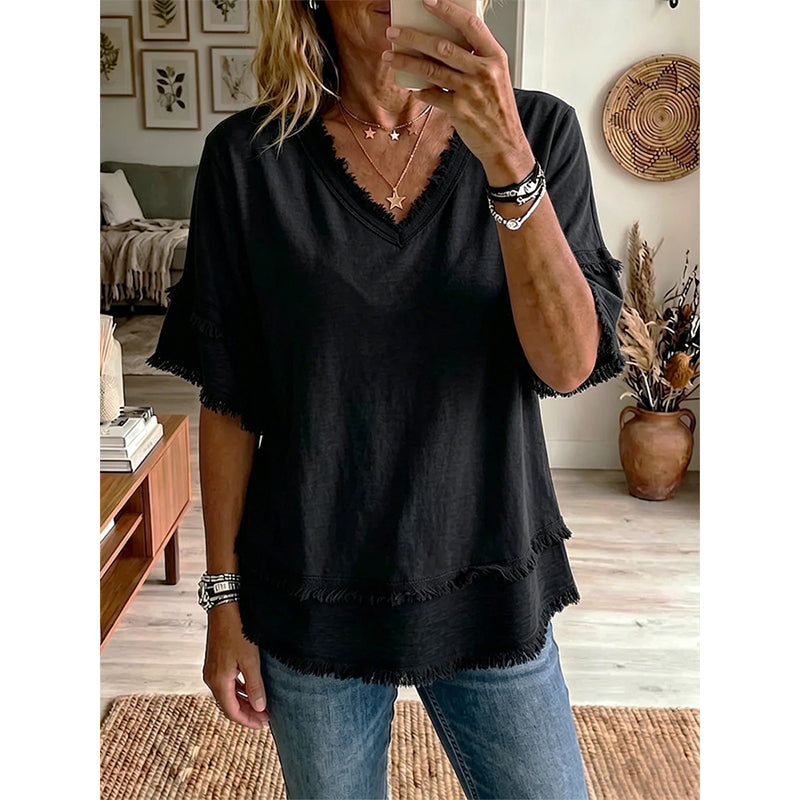 💖Boho-T-skjorte for damer med V-hals og flossete kanter 🌿 – Løstsittende, pustende sommertopp i myk bomull👚