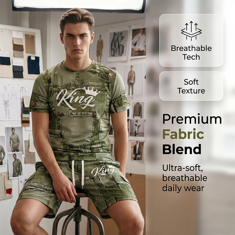 👕 48 % RABATT NÅ! 🎉 Sett med T-skjorte og shorts i casual-stil for menn med imitert denimtrykk – Mykt og pustende – Trendy denim-utseende, perfekt for sommeren eller avslappede dager 🩳✨