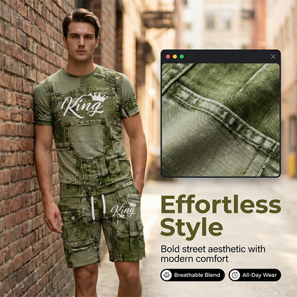 👕 48 % RABATT NÅ! 🎉 Sett med T-skjorte og shorts i casual-stil for menn med imitert denimtrykk – Mykt og pustende – Trendy denim-utseende, perfekt for sommeren eller avslappede dager 🩳✨