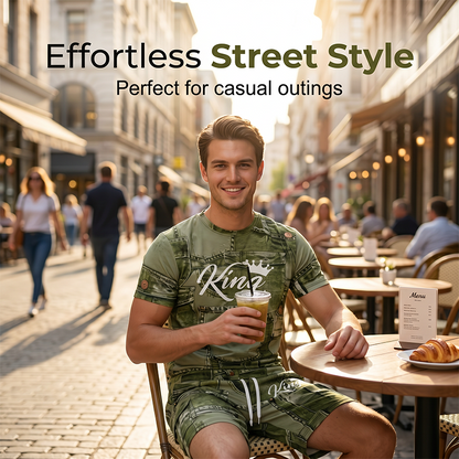 👕 48 % RABATT NÅ! 🎉 Sett med T-skjorte og shorts i casual-stil for menn med imitert denimtrykk – Mykt og pustende – Trendy denim-utseende, perfekt for sommeren eller avslappede dager 🩳✨