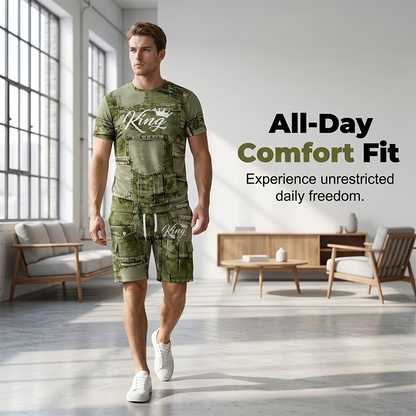 👕 48 % RABATT NÅ! 🎉 Sett med T-skjorte og shorts i casual-stil for menn med imitert denimtrykk – Mykt og pustende – Trendy denim-utseende, perfekt for sommeren eller avslappede dager 🩳✨