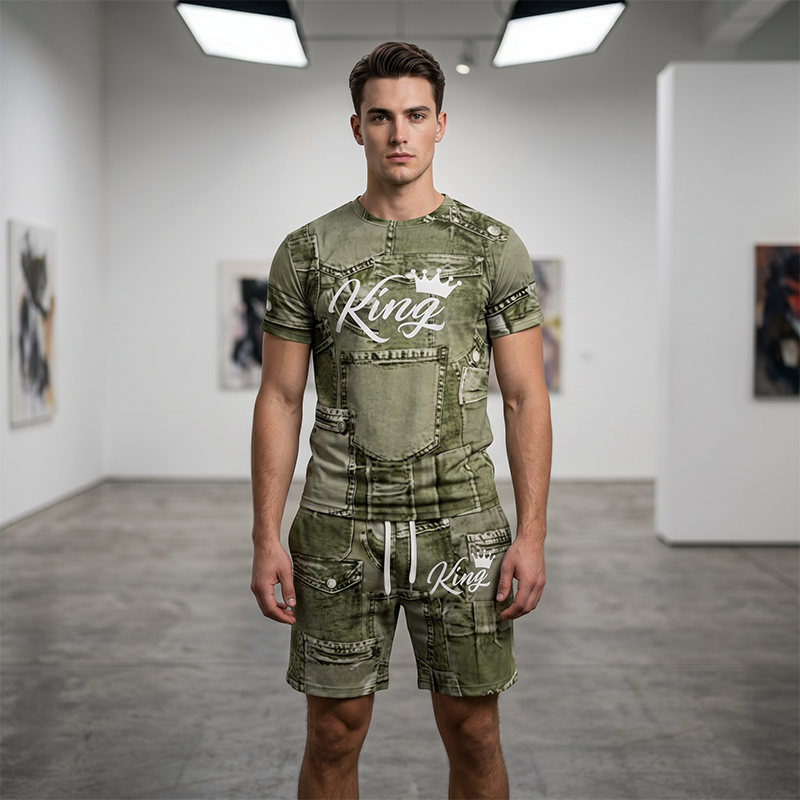 👕 48 % RABATT NÅ! 🎉 Sett med T-skjorte og shorts i casual-stil for menn med imitert denimtrykk – Mykt og pustende – Trendy denim-utseende, perfekt for sommeren eller avslappede dager 🩳✨