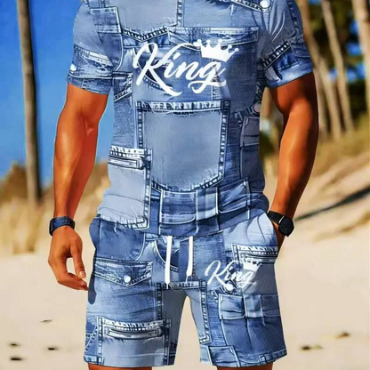 👕 48 % RABATT NÅ! 🎉 Sett med T-skjorte og shorts i casual-stil for menn med imitert denimtrykk – Mykt og pustende – Trendy denim-utseende, perfekt for sommeren eller avslappede dager 🩳✨