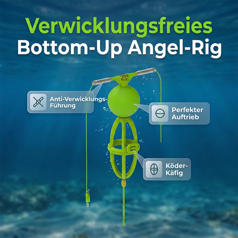 Et bottom-up-fiskesystem med fôrkurv som ikke setter seg fast