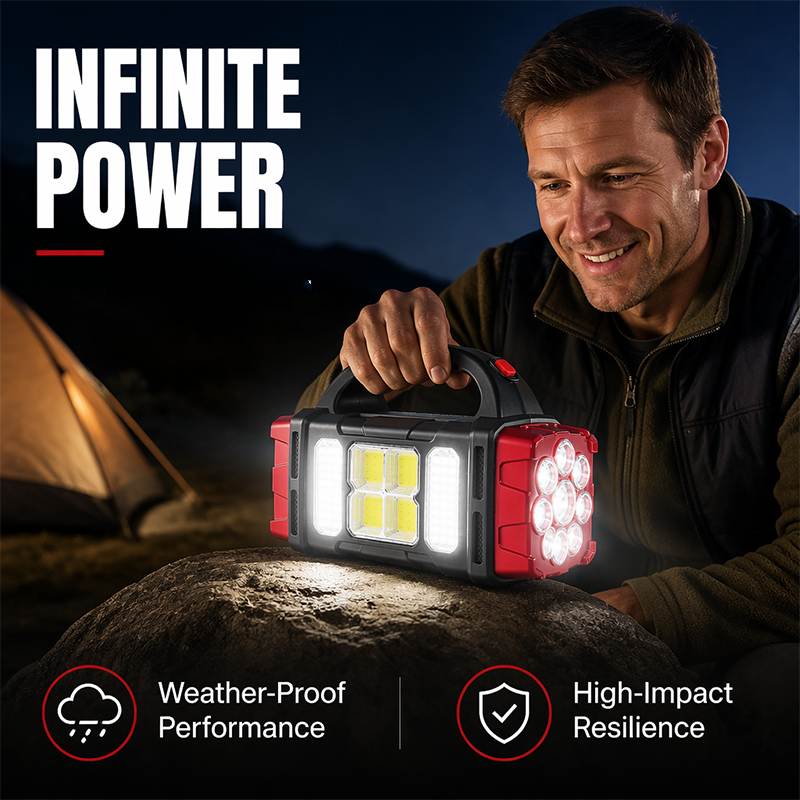 Høyeffekts LED-lommelykter Campinglykt Arbeidslys Lader 2-i-1 Soldrevet 4LED Høy lysstyrke Oppladbar lommelykt Bærbar design 4 lysmoduser USB-lading Egnet for fotturer Utendørs utforskning og nødstilfeller