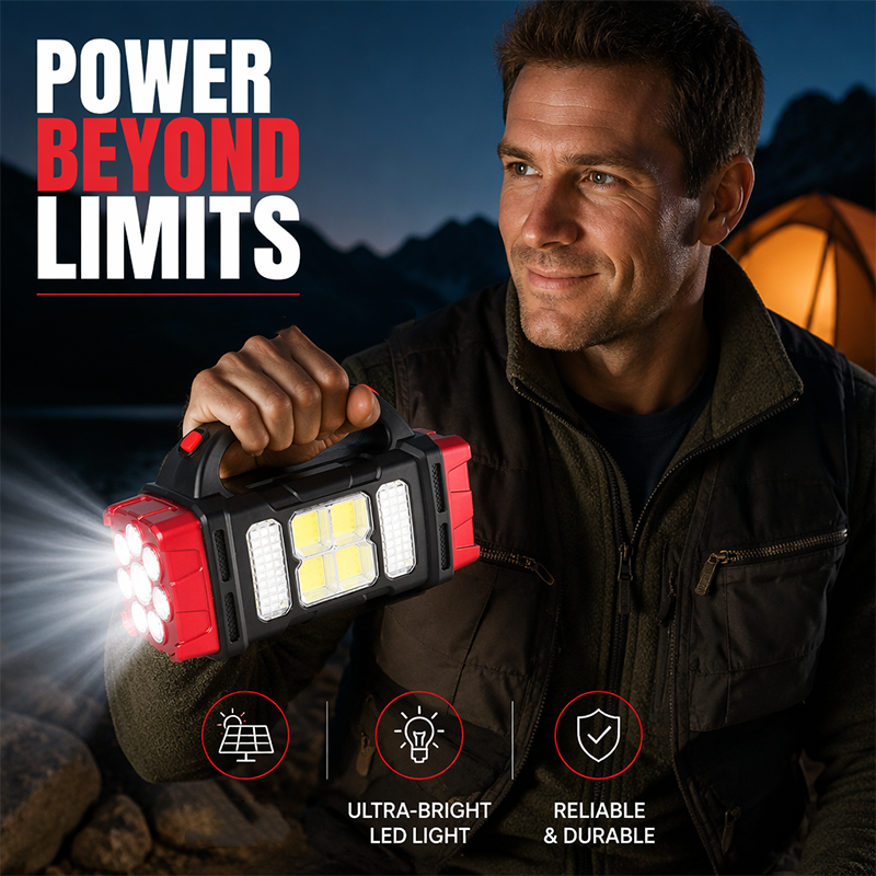 Høyeffekts LED-lommelykter Campinglykt Arbeidslys Lader 2-i-1 Soldrevet 4LED Høy lysstyrke Oppladbar lommelykt Bærbar design 4 lysmoduser USB-lading Egnet for fotturer Utendørs utforskning og nødstilfeller