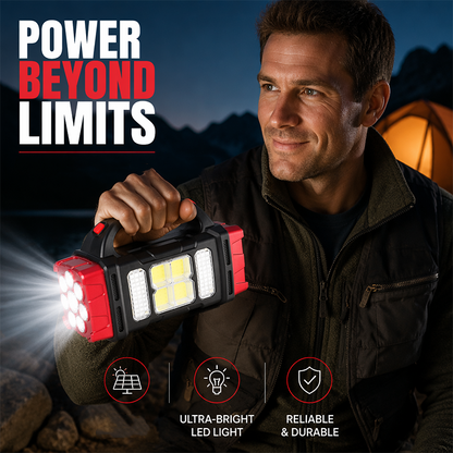 Høyeffekts LED-lommelykter Campinglykt Arbeidslys Lader 2-i-1 Soldrevet 4LED Høy lysstyrke Oppladbar lommelykt Bærbar design 4 lysmoduser USB-lading Egnet for fotturer Utendørs utforskning og nødstilfeller