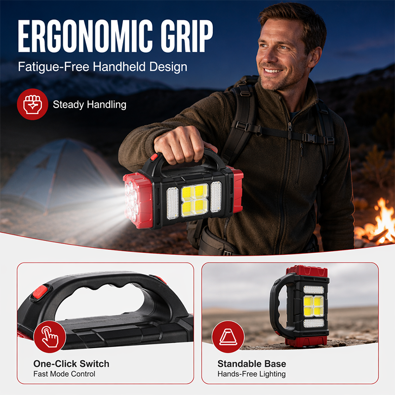 Høyeffekts LED-lommelykter Campinglykt Arbeidslys Lader 2-i-1 Soldrevet 4LED Høy lysstyrke Oppladbar lommelykt Bærbar design 4 lysmoduser USB-lading Egnet for fotturer Utendørs utforskning og nødstilfeller