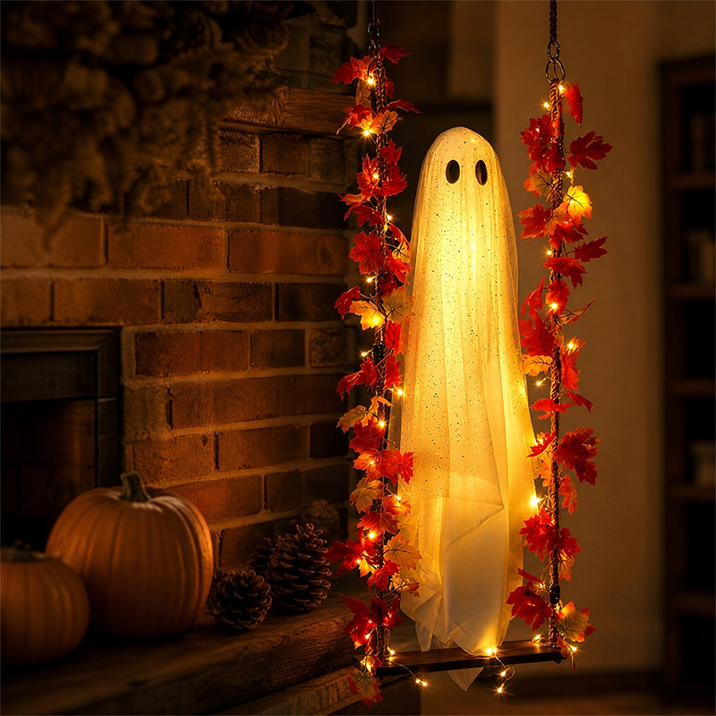 Hengende Halloween-spøkelse på gynge med fjernstyrt LED-lys og lønneblader