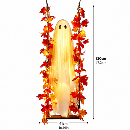 Hengende Halloween-spøkelse på gynge med fjernstyrt LED-lys og lønneblader