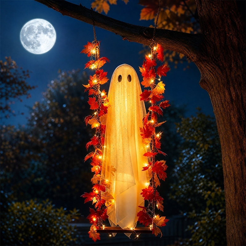 Hengende Halloween-spøkelse på gynge med fjernstyrt LED-lys og lønneblader