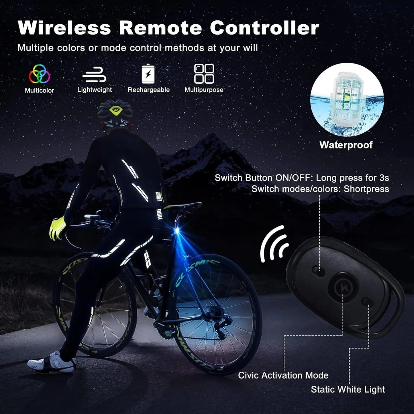 🚁 Strobelykt med 8 farger – trådløs, kompakt og kraftig. USB-lading, vanntett plugg, fjernstyring – ideell til RC-biler, båter, sykler og friluftsliv! ✨🔋