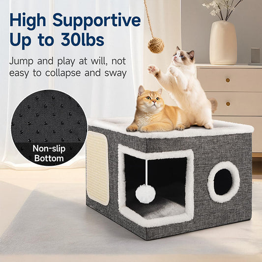 🐱 BEGRENSET TID: 50 % RABATT! 🏠 Sammenleggbart 2-i-1-kattkubehus – to etasjer, kloreplate og komfortabelt – plassbesparende og lett å ta med for katter 🐾✨