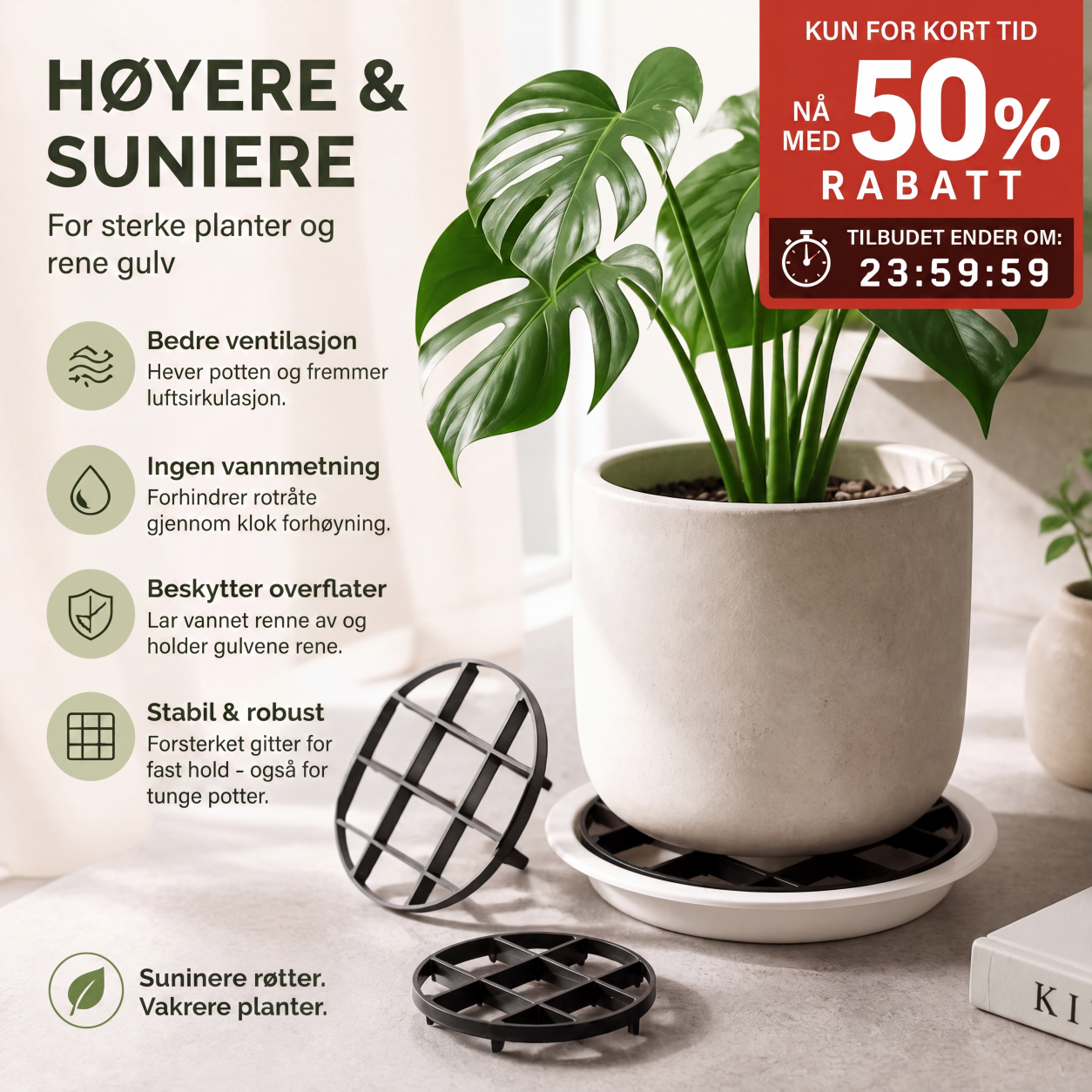 📢📢50 % RABATT!! ⏰Skånsom gryteunderlag som løfter plantekasser, fremmer luftsirkulasjon og holder gulv rene – for innendørs og utendørs bruk. 🔥🏠