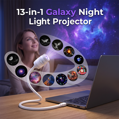 🌌 -50% NÅ! 💫 USB-projektorlampe for stjernehimmelen – 13 utskiftbare filmer og fleksibel hals – Perfekt for soverommet ✨
