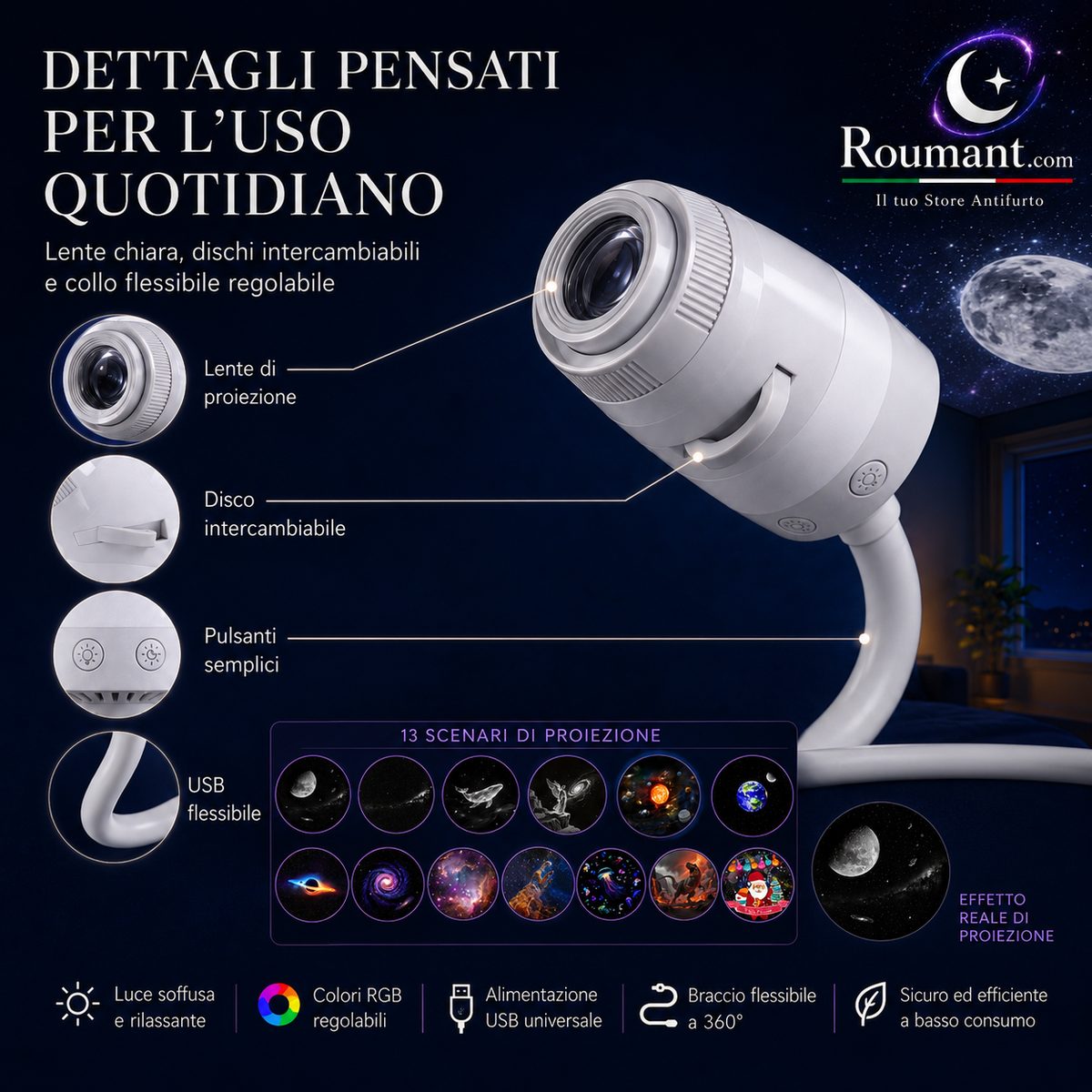 🌌 -50% NÅ! 💫 USB-projektorlampe for stjernehimmelen – 13 utskiftbare filmer og fleksibel hals – Perfekt for soverommet ✨