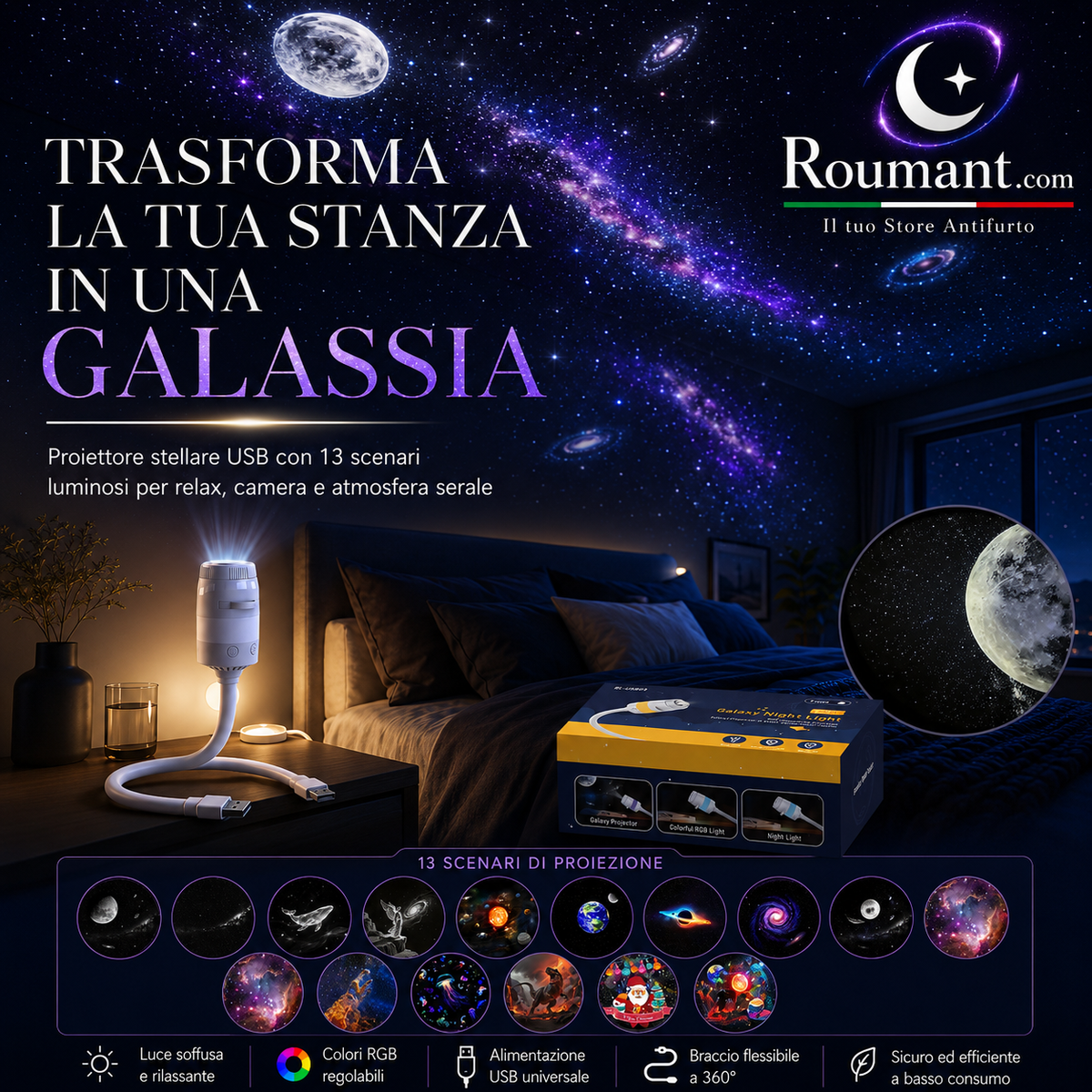🌌 -50% NÅ! 💫 USB-projektorlampe for stjernehimmelen – 13 utskiftbare filmer og fleksibel hals – Perfekt for soverommet ✨