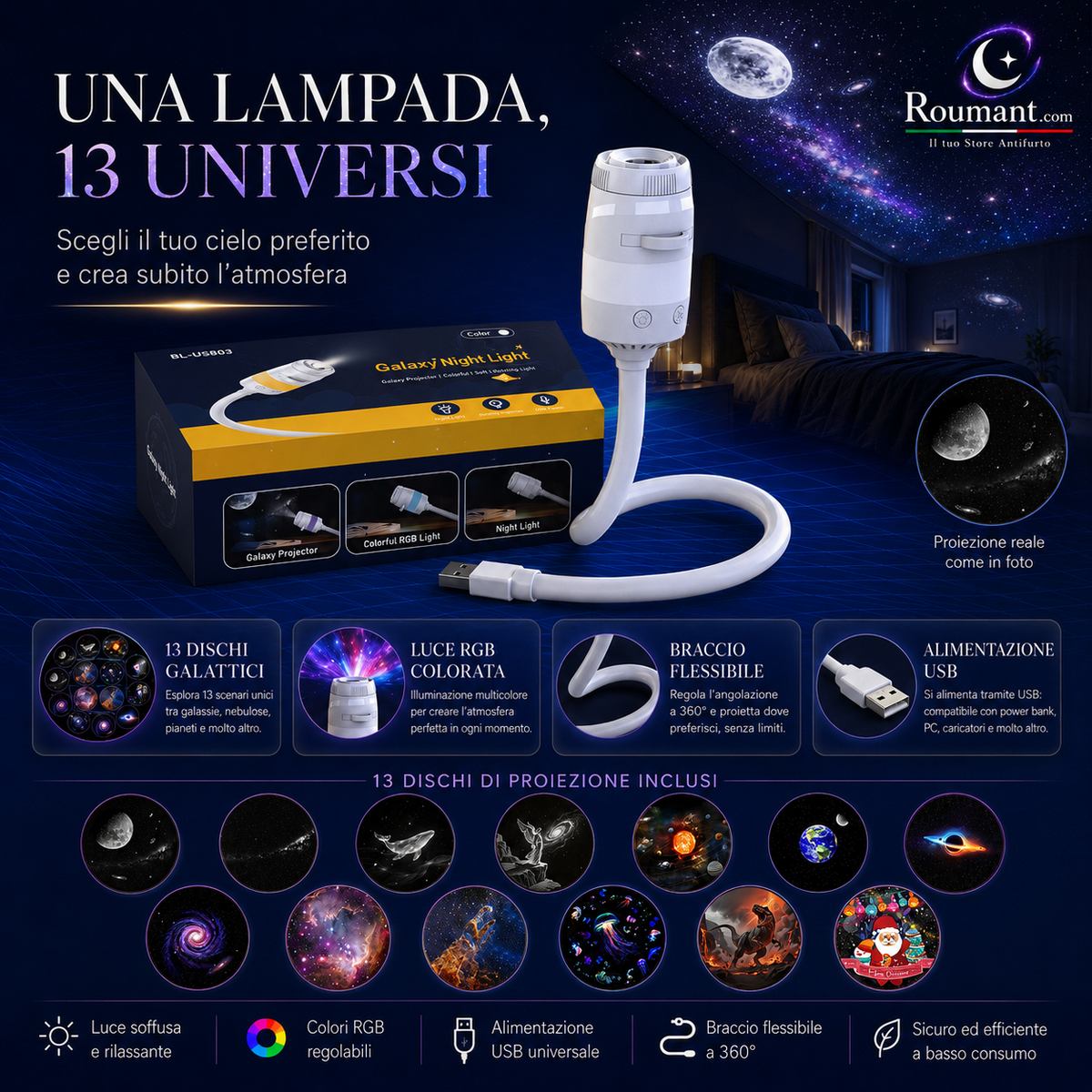 🌌 -50% NÅ! 💫 USB-projektorlampe for stjernehimmelen – 13 utskiftbare filmer og fleksibel hals – Perfekt for soverommet ✨