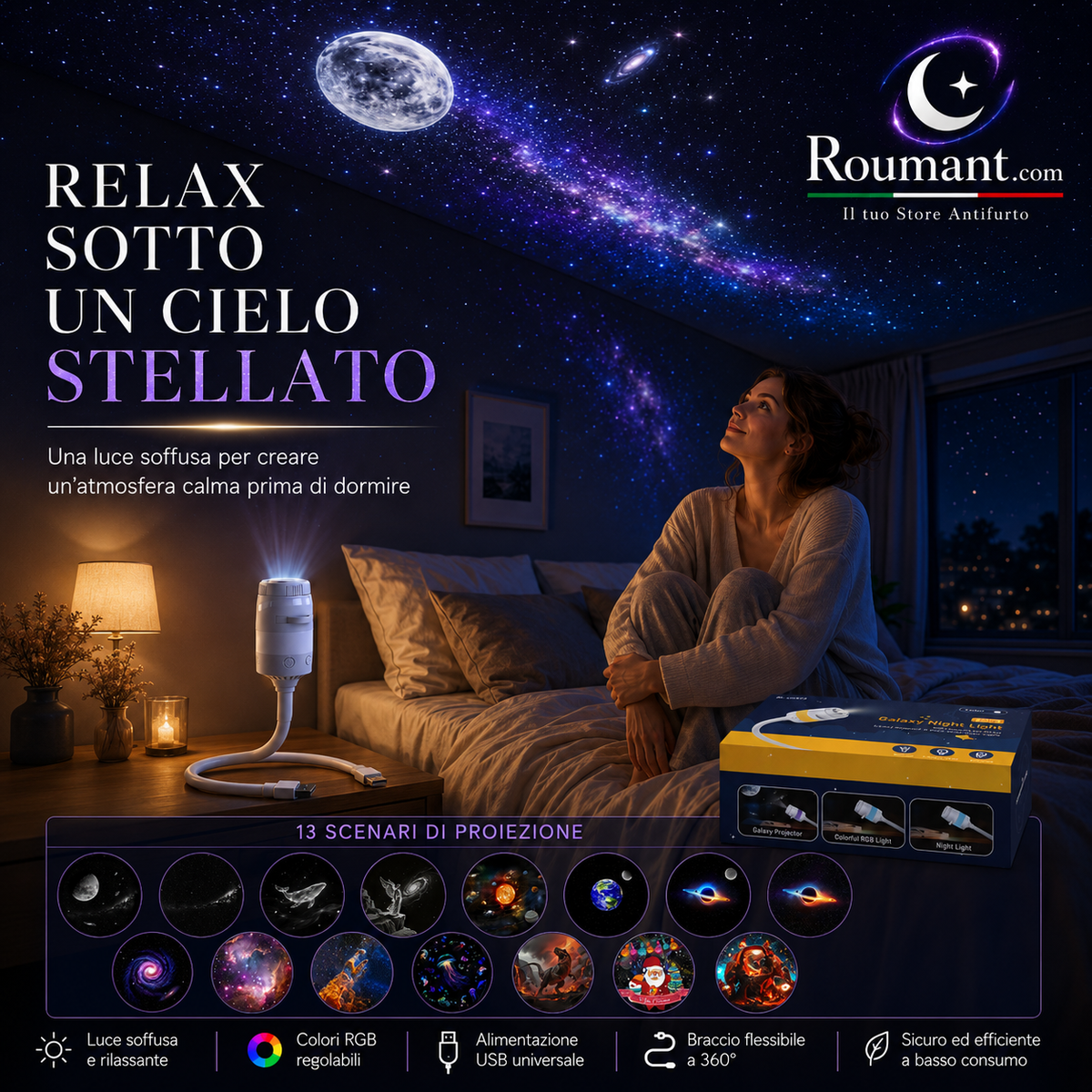 🌌 -50% NÅ! 💫 USB-projektorlampe for stjernehimmelen – 13 utskiftbare filmer og fleksibel hals – Perfekt for soverommet ✨