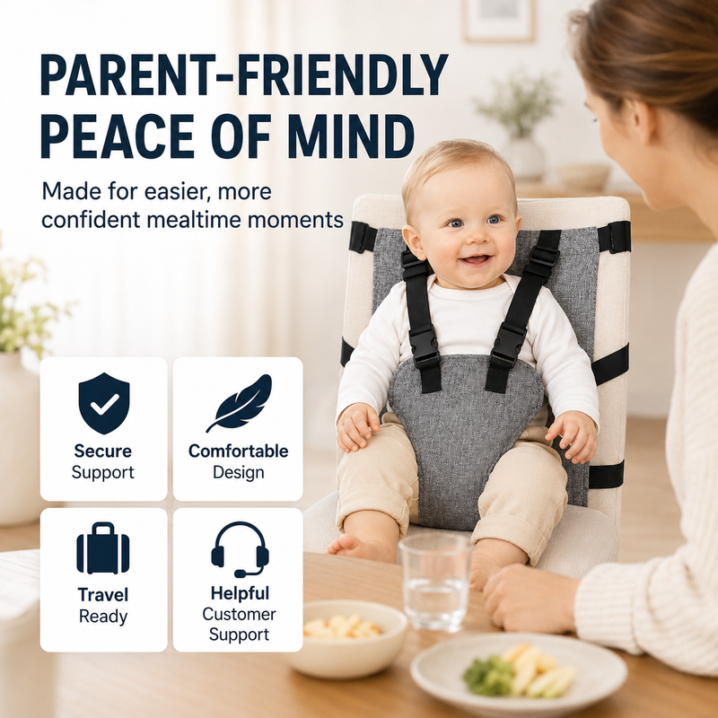 🧸 Barnesete-sele med 5-punkts feste – hindrer at barnet glir eller lener seg ut. Sammenleggbar, lett å ta med – perfekt til reiser og restauranter! ✈️🛡️