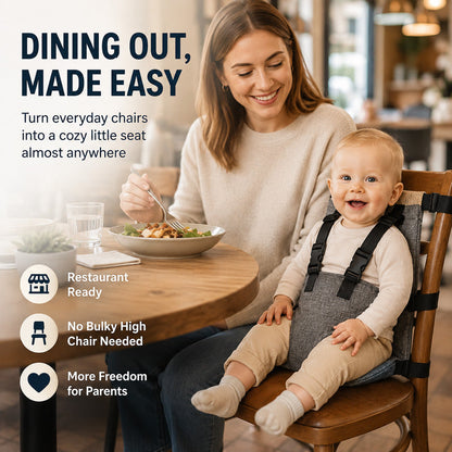 🧸 Barnesete-sele med 5-punkts feste – hindrer at barnet glir eller lener seg ut. Sammenleggbar, lett å ta med – perfekt til reiser og restauranter! ✈️🛡️