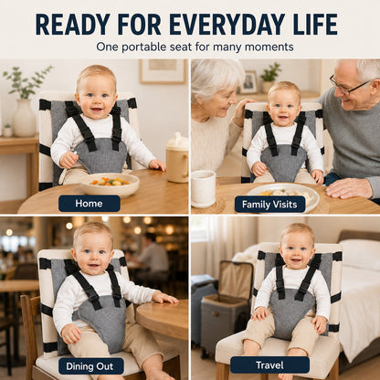 🧸 Barnesete-sele med 5-punkts feste – hindrer at barnet glir eller lener seg ut. Sammenleggbar, lett å ta med – perfekt til reiser og restauranter! ✈️🛡️