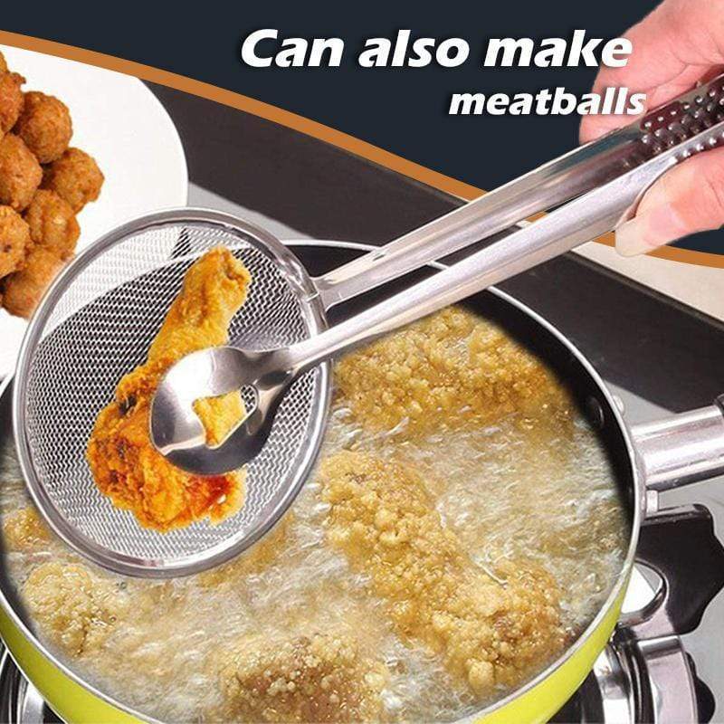 🍳 🍃 2-i-1 silklemme i rustfritt stål — Finmasket filter og tang, oljeavløp