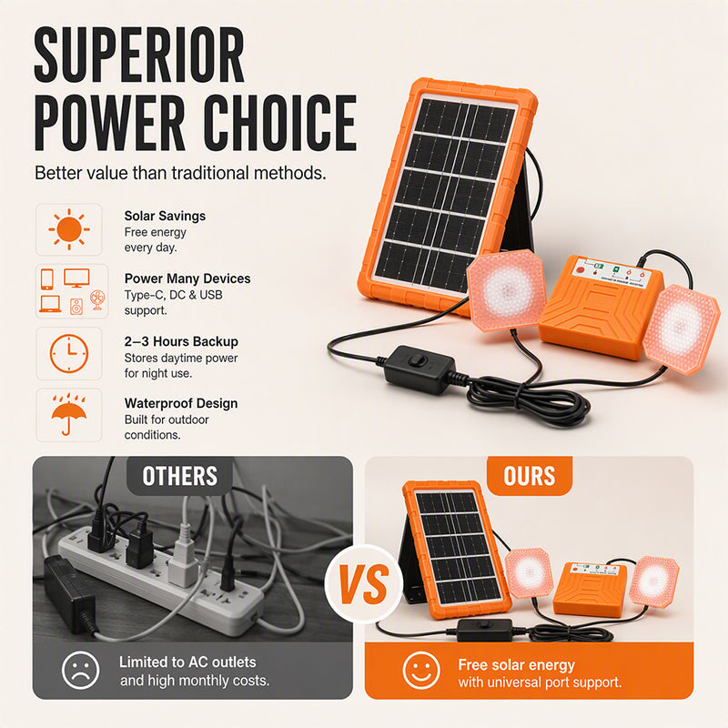 ☀️🔋 Bærbart solenergisystem – USB/Type-C-solgenerator med 2 LED-lys