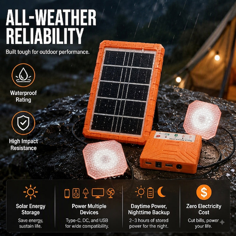 ☀️🔋 Bærbart solenergisystem – USB/Type-C-solgenerator med 2 LED-lys