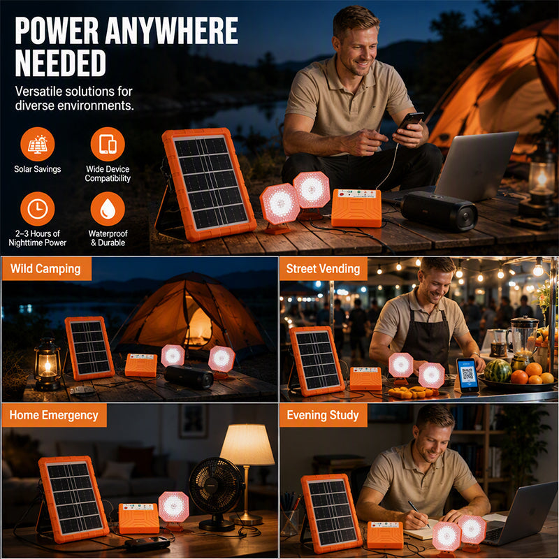 ☀️🔋 Bærbart solenergisystem – USB/Type-C-solgenerator med 2 LED-lys